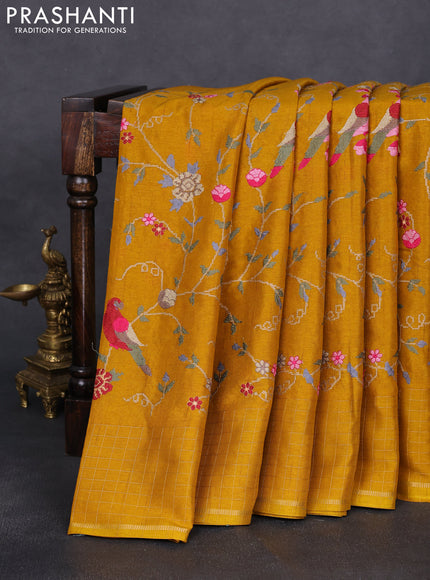 Semi tussar saree mustard yellow with allover embroidery design and zari woven border