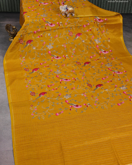 Semi tussar saree mustard yellow with allover embroidery design and zari woven border