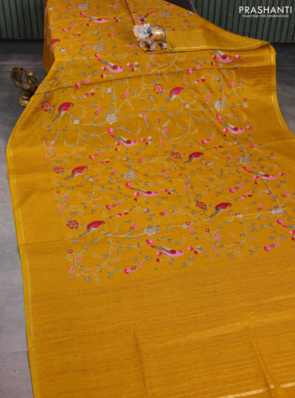 Semi tussar saree mustard yellow with allover embroidery design and zari woven border