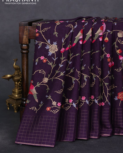 Semi tussar saree violet with allover embroidery design and zari woven border