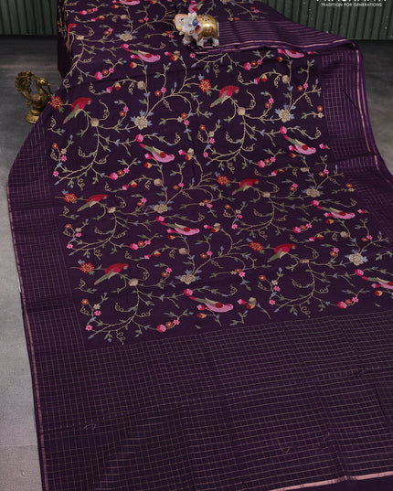 Semi tussar saree violet with allover embroidery design and zari woven border