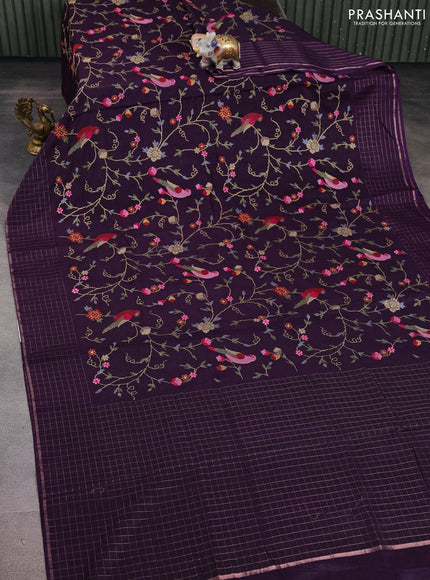 Semi tussar saree violet with allover embroidery design and zari woven border