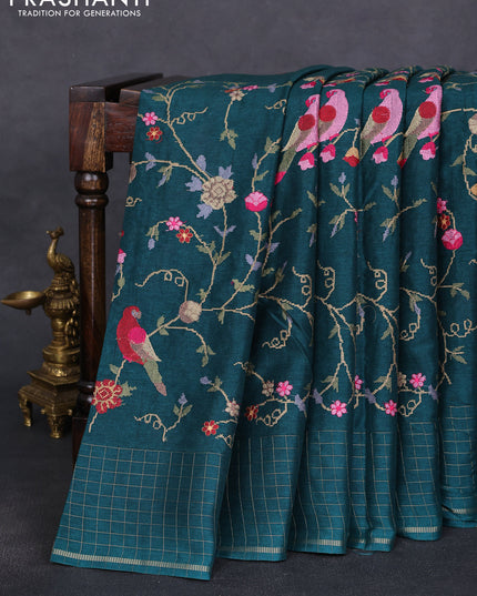 Semi tussar saree peacock green with allover embroidery design and zari woven border