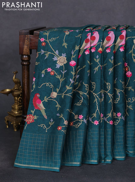 Semi tussar saree peacock green with allover embroidery design and zari woven border