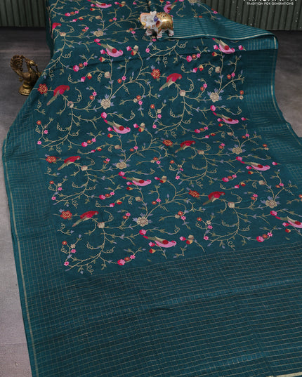 Semi tussar saree peacock green with allover embroidery design and zari woven border