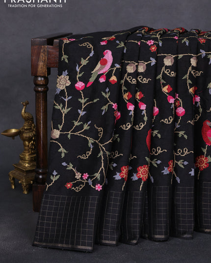 Semi tussar saree black with allover embroidery design and zari woven border