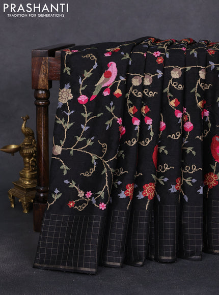 Semi tussar saree black with allover embroidery design and zari woven border