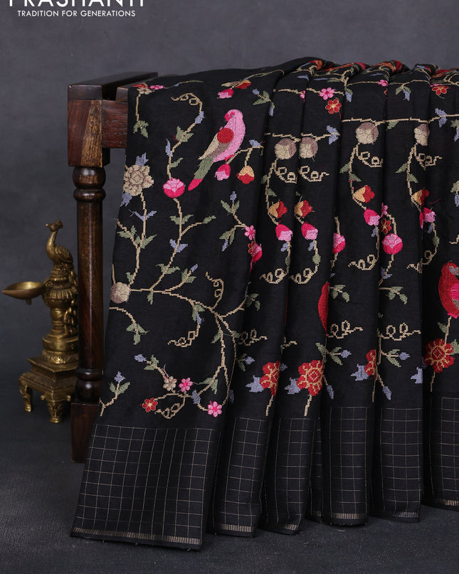 Semi tussar saree black with allover embroidery design and zari woven border