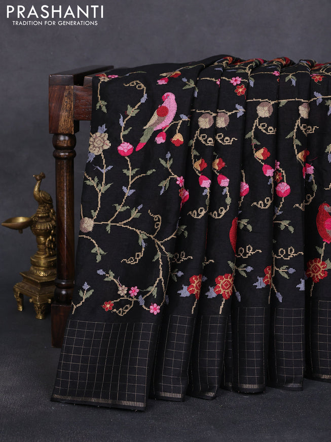 Semi tussar saree black with allover embroidery design and zari woven border