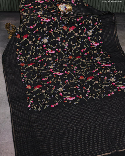Semi tussar saree black with allover embroidery design and zari woven border