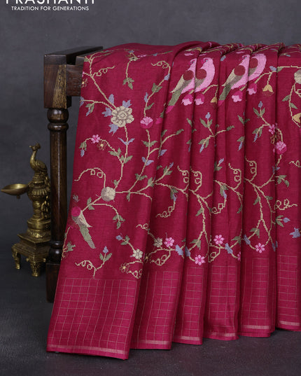 Semi tussar saree dark pink with allover embroidery design and zari woven border