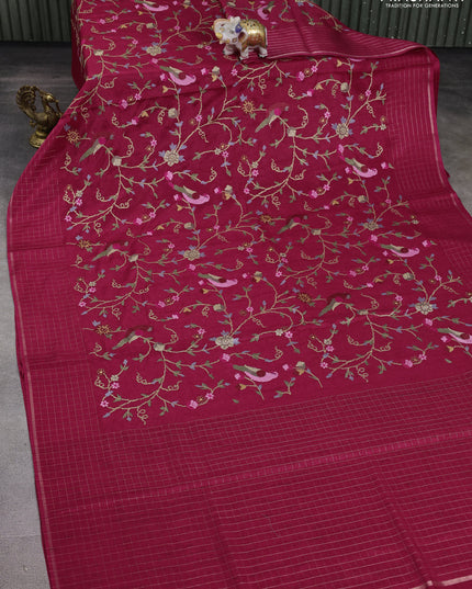 Semi tussar saree dark pink with allover embroidery design and zari woven border