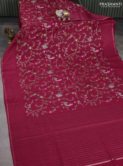 Semi tussar saree dark pink with allover embroidery design and zari woven border