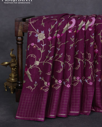 Semi tussar saree wine shade with allover embroidery design and zari woven border