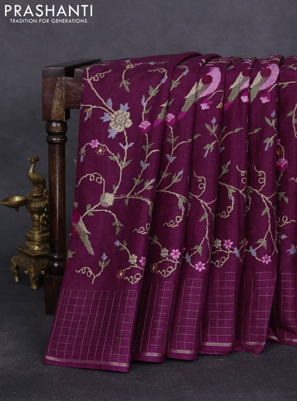Semi tussar saree wine shade with allover embroidery design and zari woven border