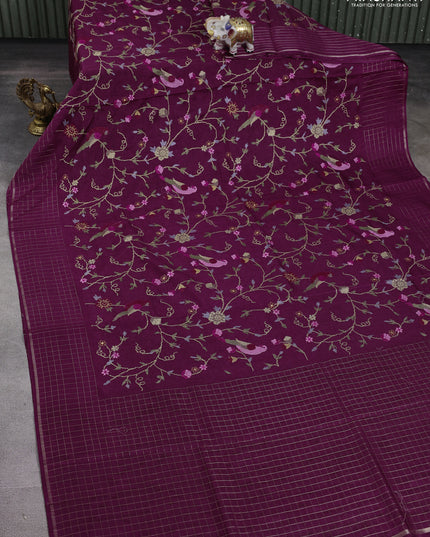 Semi tussar saree wine shade with allover embroidery design and zari woven border