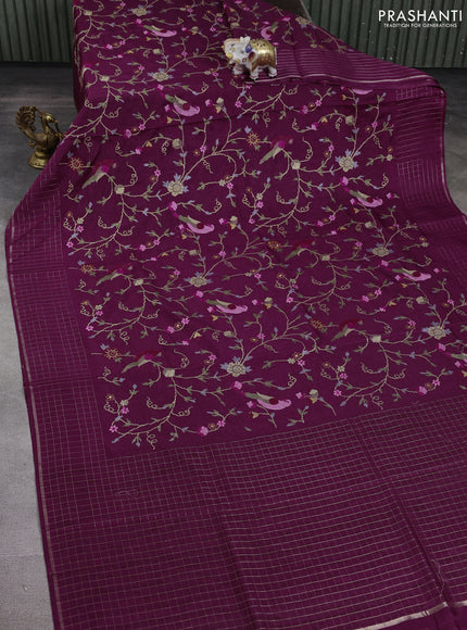 Semi tussar saree wine shade with allover embroidery design and zari woven border