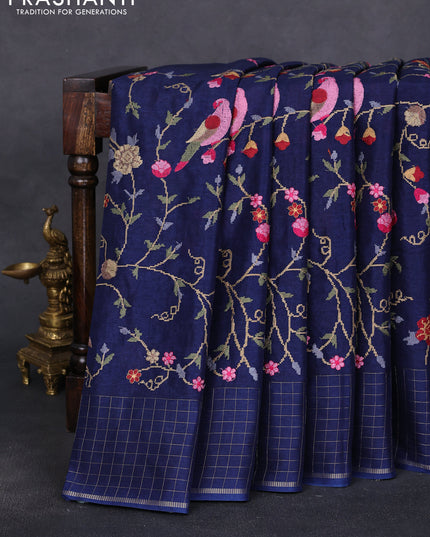 Semi tussar saree navy blue with allover embroidery design and zari woven border