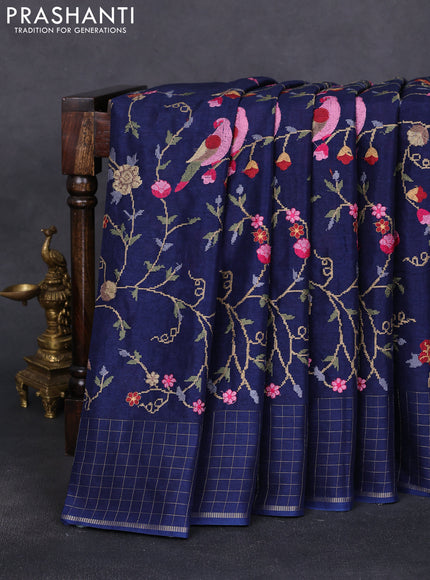 Semi tussar saree navy blue with allover embroidery design and zari woven border