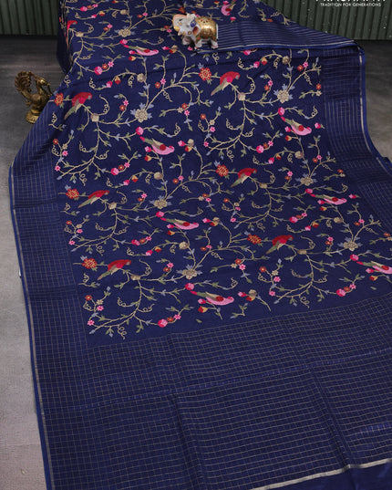 Semi tussar saree navy blue with allover embroidery design and zari woven border
