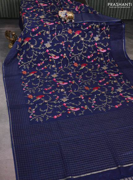 Semi tussar saree navy blue with allover embroidery design and zari woven border