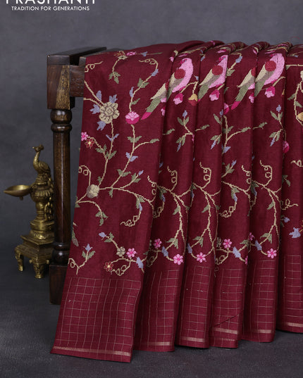 Semi tussar saree maroon with allover embroidery design and zari woven border