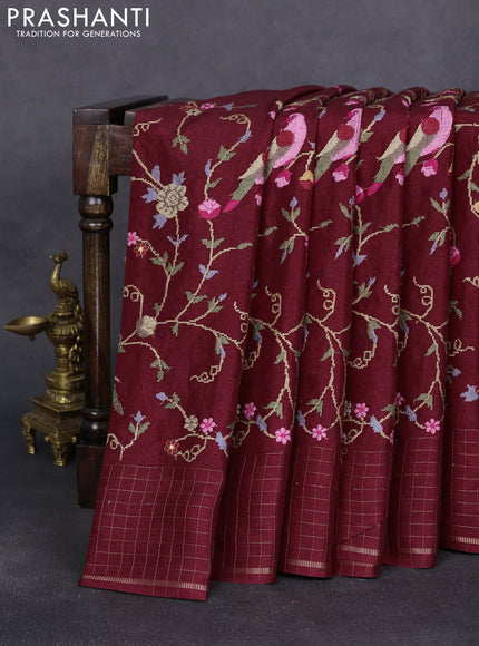 Semi tussar saree maroon with allover embroidery design and zari woven border