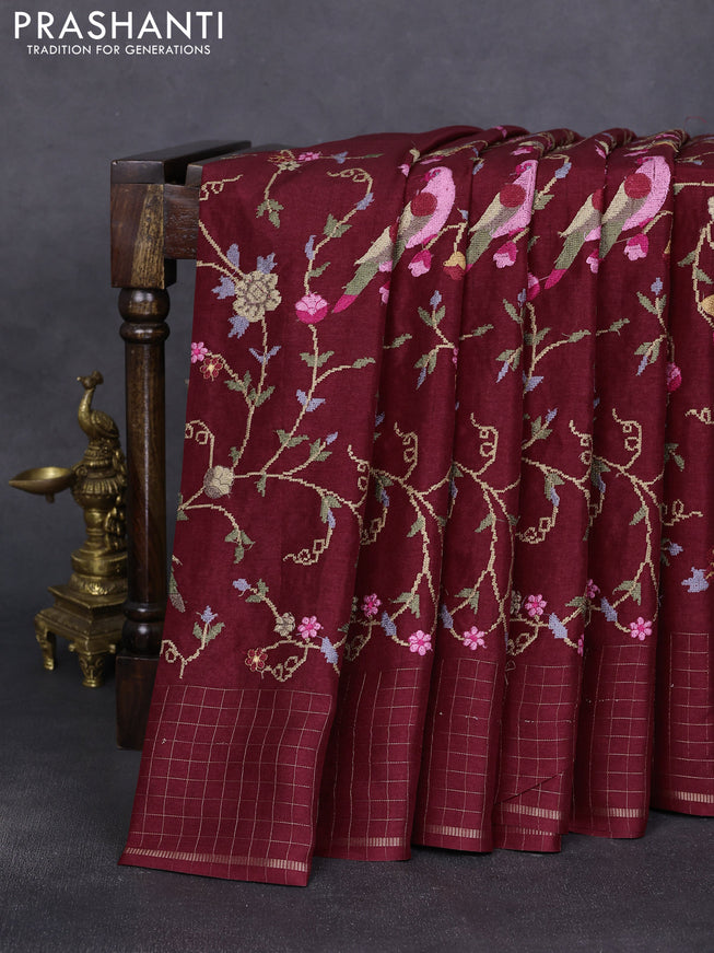 Semi tussar saree maroon with allover embroidery design and zari woven border