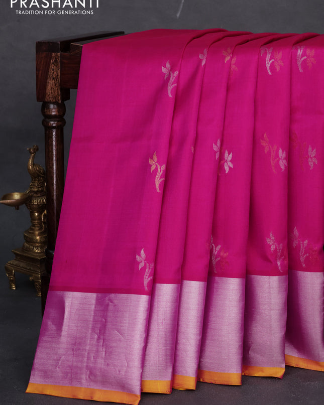 Venkatagiri silk saree dual shade of pink and yellow with silver & gold zari woven floral buttas and silver zari woven border