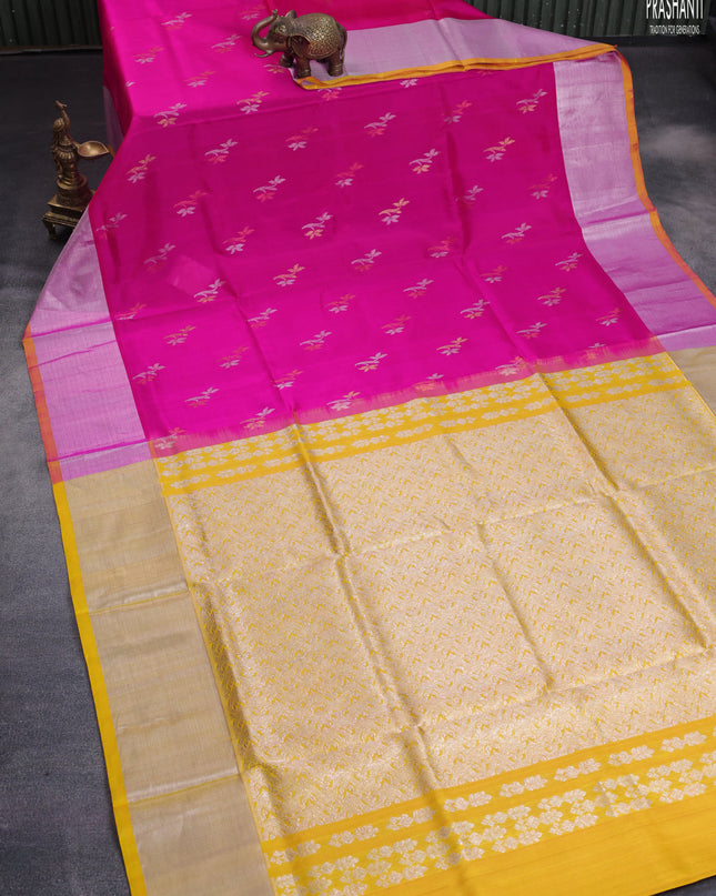 Venkatagiri silk saree dual shade of pink and yellow with silver & gold zari woven floral buttas and silver zari woven border