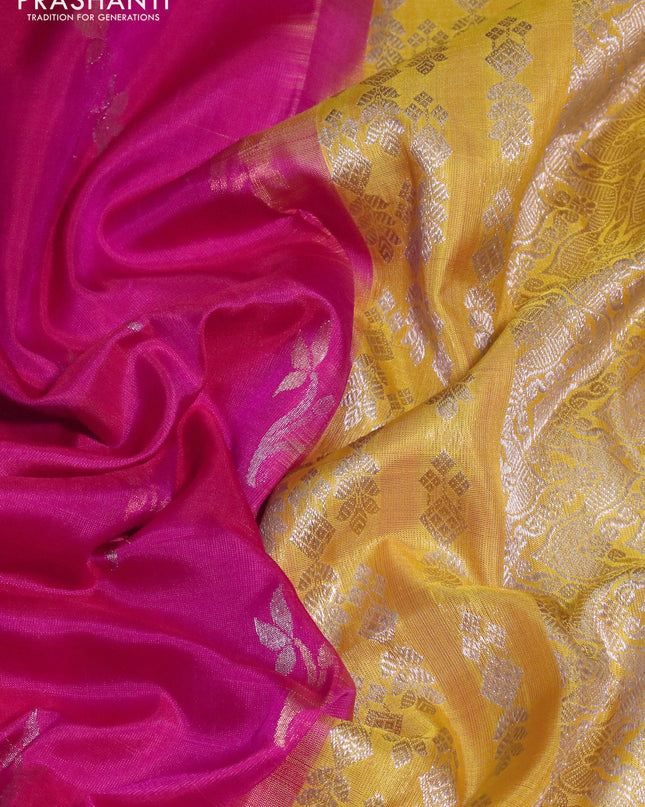 Venkatagiri silk saree dual shade of pink and yellow with silver & gold zari woven floral buttas and silver zari woven border