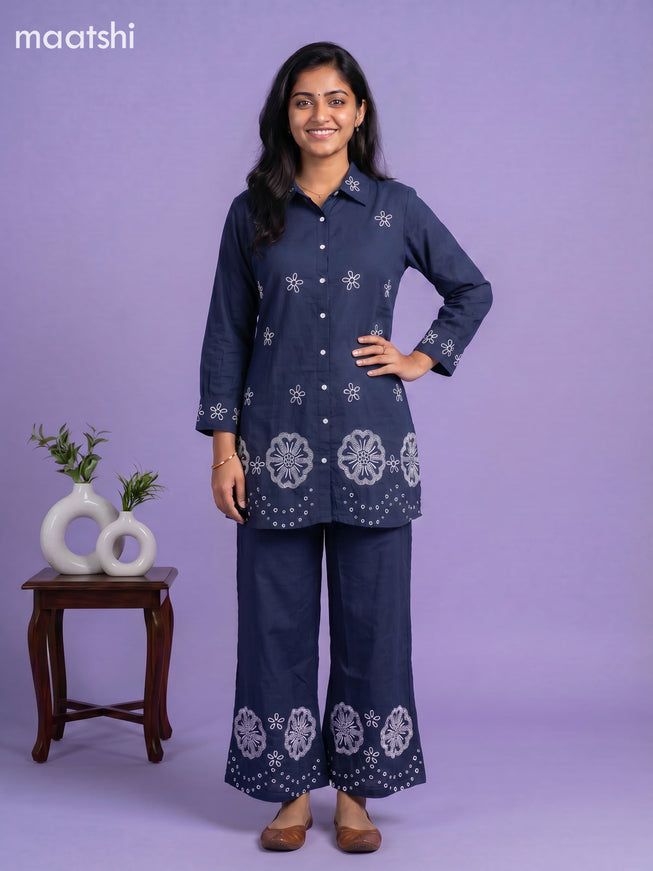 Blue Cotton Embroidery Work Short Co-Ord Set
