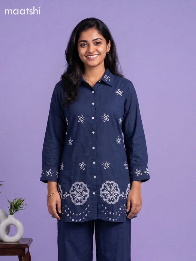Blue Cotton Embroidery Work Short Co-Ord Set