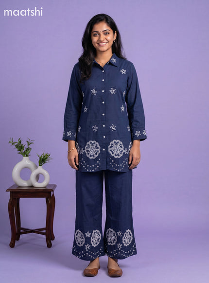 Blue Cotton Embroidery Work Short Co-Ord Set