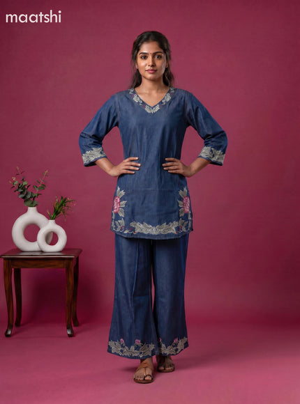 Blue Denim Cotton Embroidery Work Short Co-Ord Set