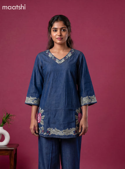 Blue Denim Cotton Embroidery Work Short Co-Ord Set