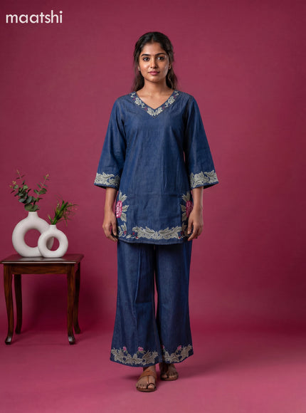 Blue Denim Cotton Embroidery Work Short Co-Ord Set