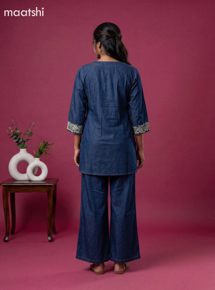 Blue Denim Cotton Embroidery Work Short Co-Ord Set