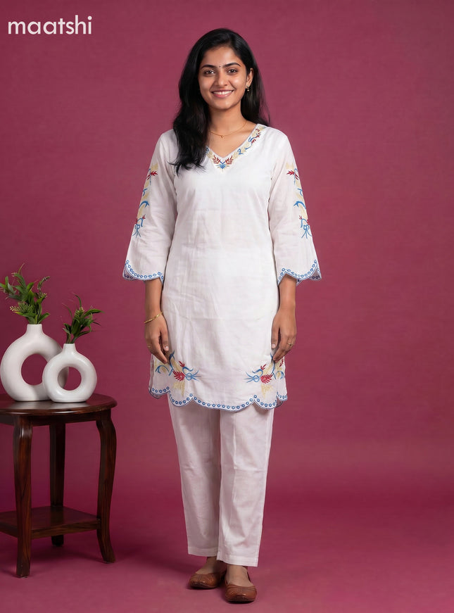 Off White Cotton Embroidery Work Kurti Set