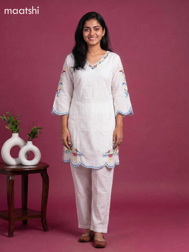 Off White Cotton Embroidery Work Kurti Set