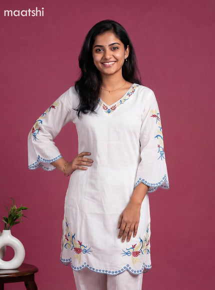 Off White Cotton Embroidery Work Kurti Set