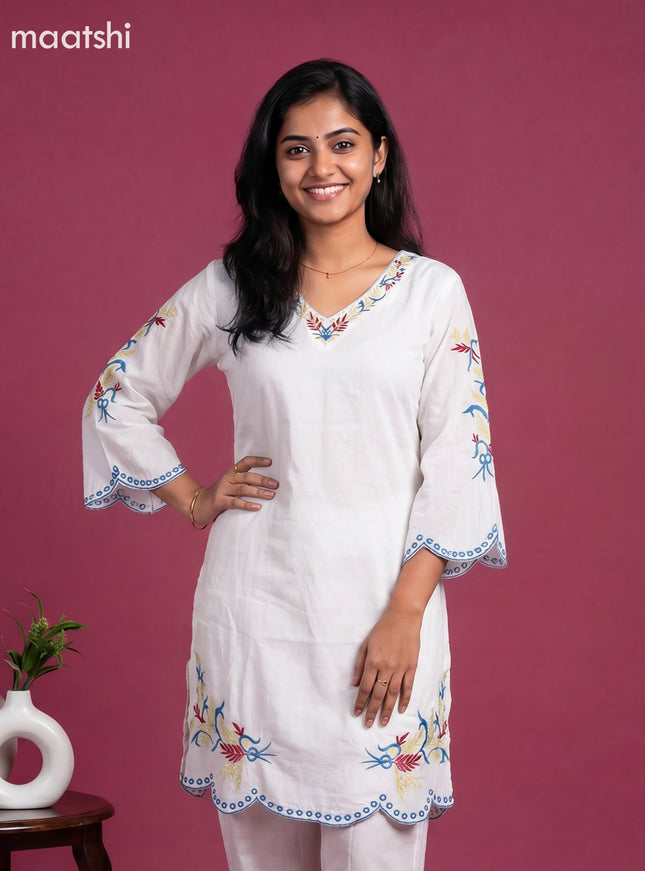 Off White Cotton Embroidery Work Kurti Set