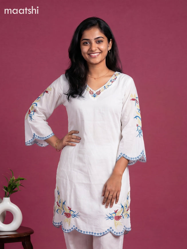 Off White Cotton Embroidery Work Kurti Set