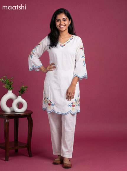 Off White Cotton Embroidery Work Kurti Set