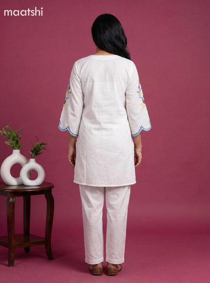 Off White Cotton Embroidery Work Kurti Set
