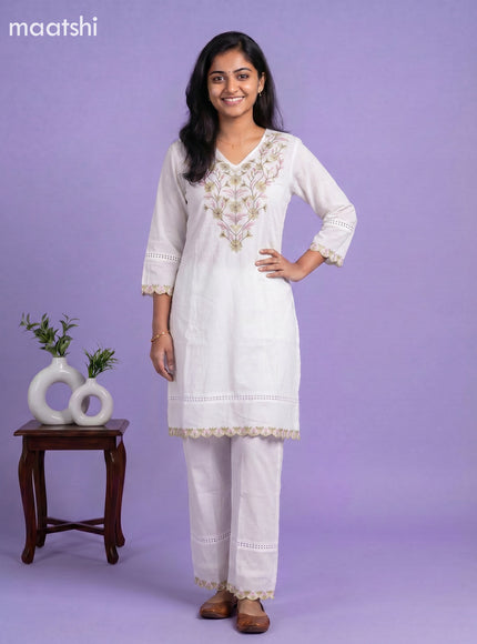 Off White and Green Cotton Embroidery Work Kurti Set