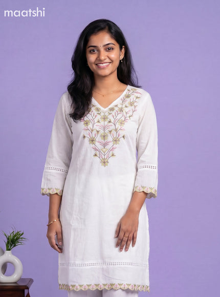 Off White and Green Cotton Embroidery Work Kurti Set