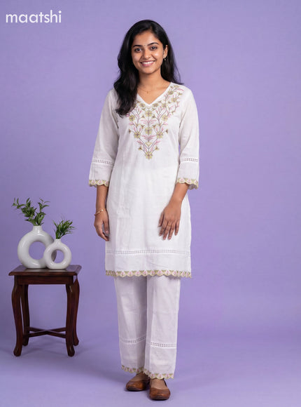 Off White and Green Cotton Embroidery Work Kurti Set