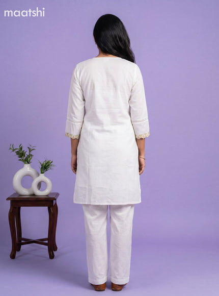 Off White and Green Cotton Embroidery Work Kurti Set