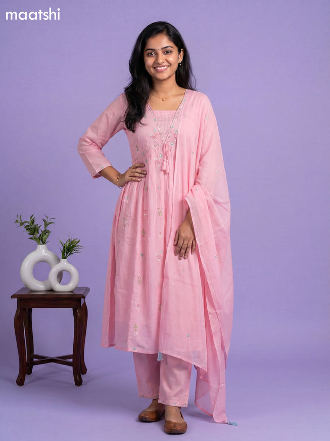 Baby Pink Cotton Embroidery Work Straight Suit